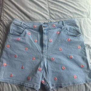 Stylish Blue Jean Shorts with Pink Embroidery Snow White Poison Apple’s